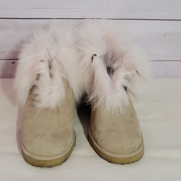 Rue Du Jour Ankle Boots Womens 38 Suede Leather Taupe Nude Fur Trim Wedge Heel - Picture 2 of 9